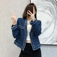 blue v neck jeans jacket sweet coats spring autumn top fashion blouses 2022 cheap vintage clothes for women female clothing