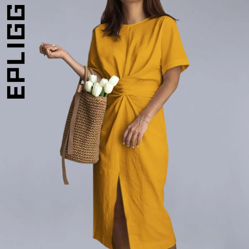 

Epligg Women Short Sleeve Front Slit Bowknot Dresses Outfits Harajuku Lazy Sexy Dress Simple Elastic Dresses Woman Vestidos
