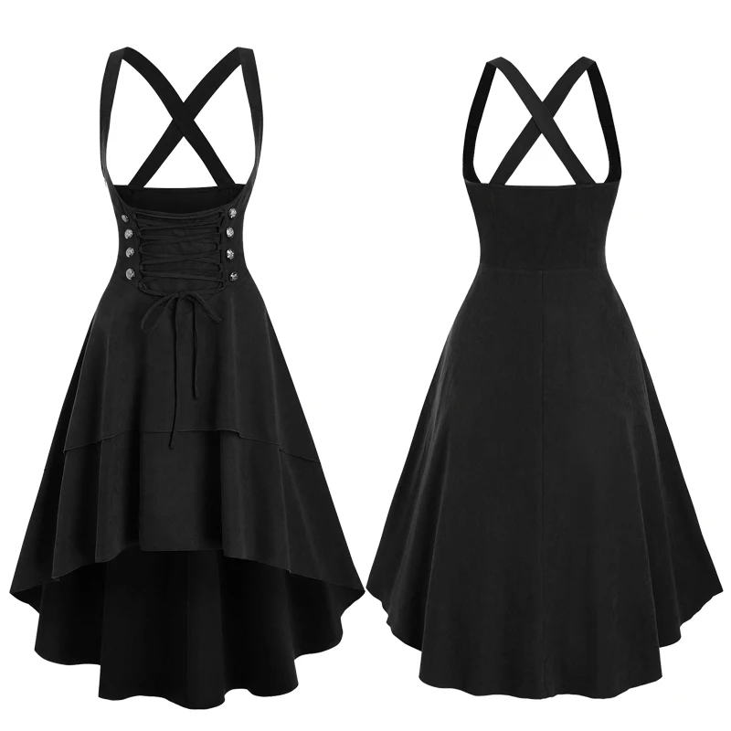 

Black Lace Up Layered High Low Suspender Skirt S-3XL Corset Style Criss-Cross Dip Hem Dress Mid-Calf Length Skirt For Women