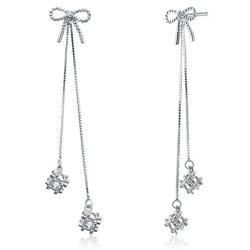 

925 Sterling Silver Bowknot Stud Earrings Long Tassel Zirconia Ball Earrings
