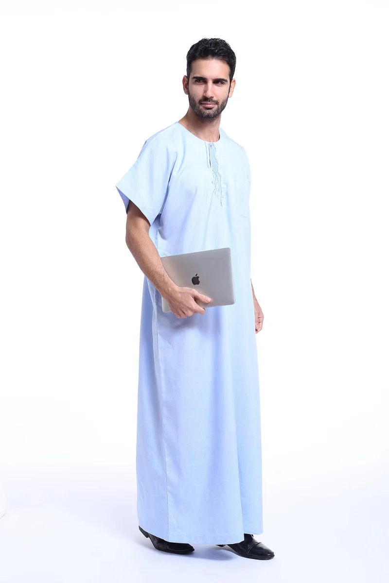 Men Thobe Abaya Robe Muslim Islamic Daffah Dishdasha Arab Kaftan Saudi Style Jubba Thobe Ramadan Thawb Summer Short Sleeve Gown