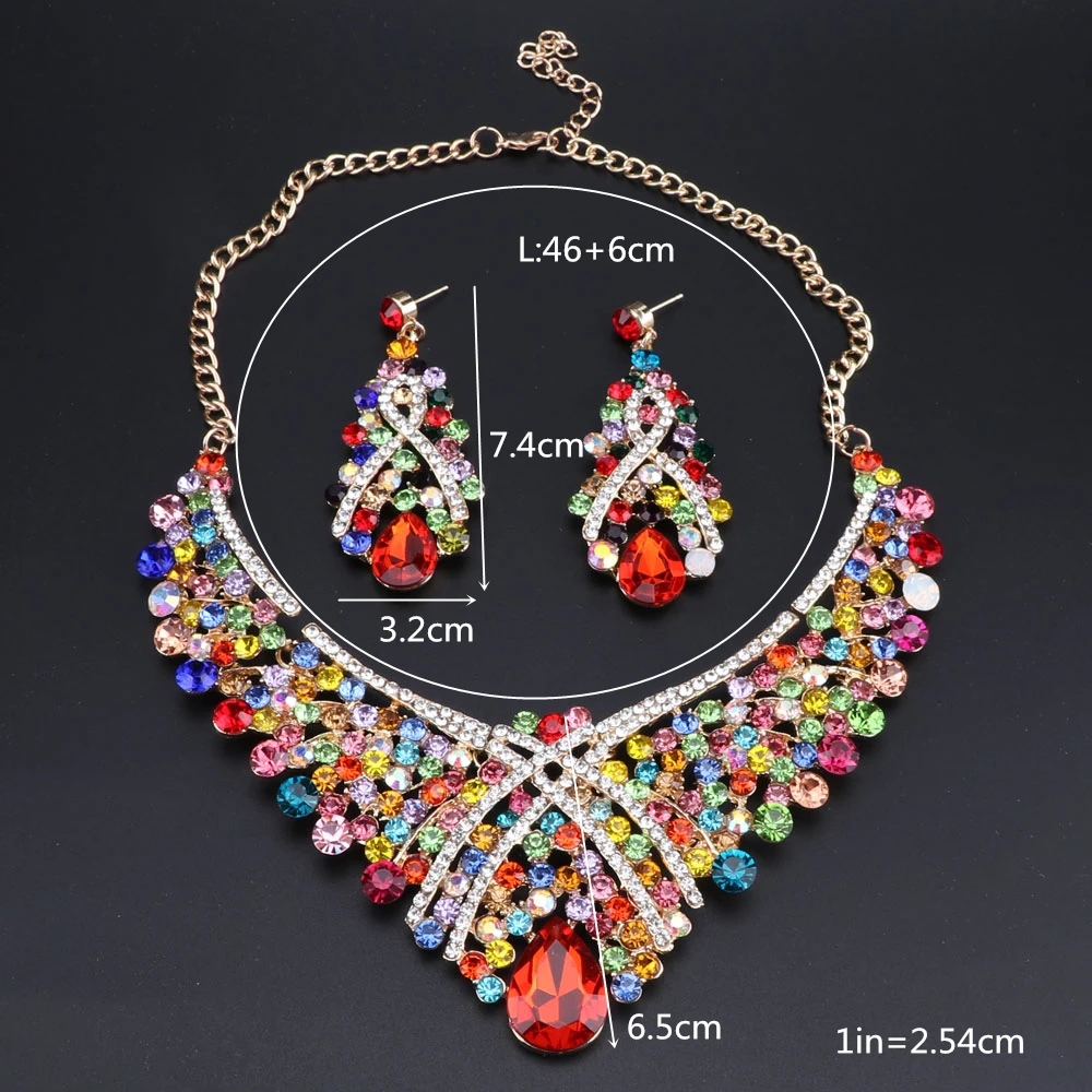 Luxury Full Rhinestones Crystal Necklace and Earrings Statement African Bridal Jewelry Sets with Gift Boxes | Украшения и
