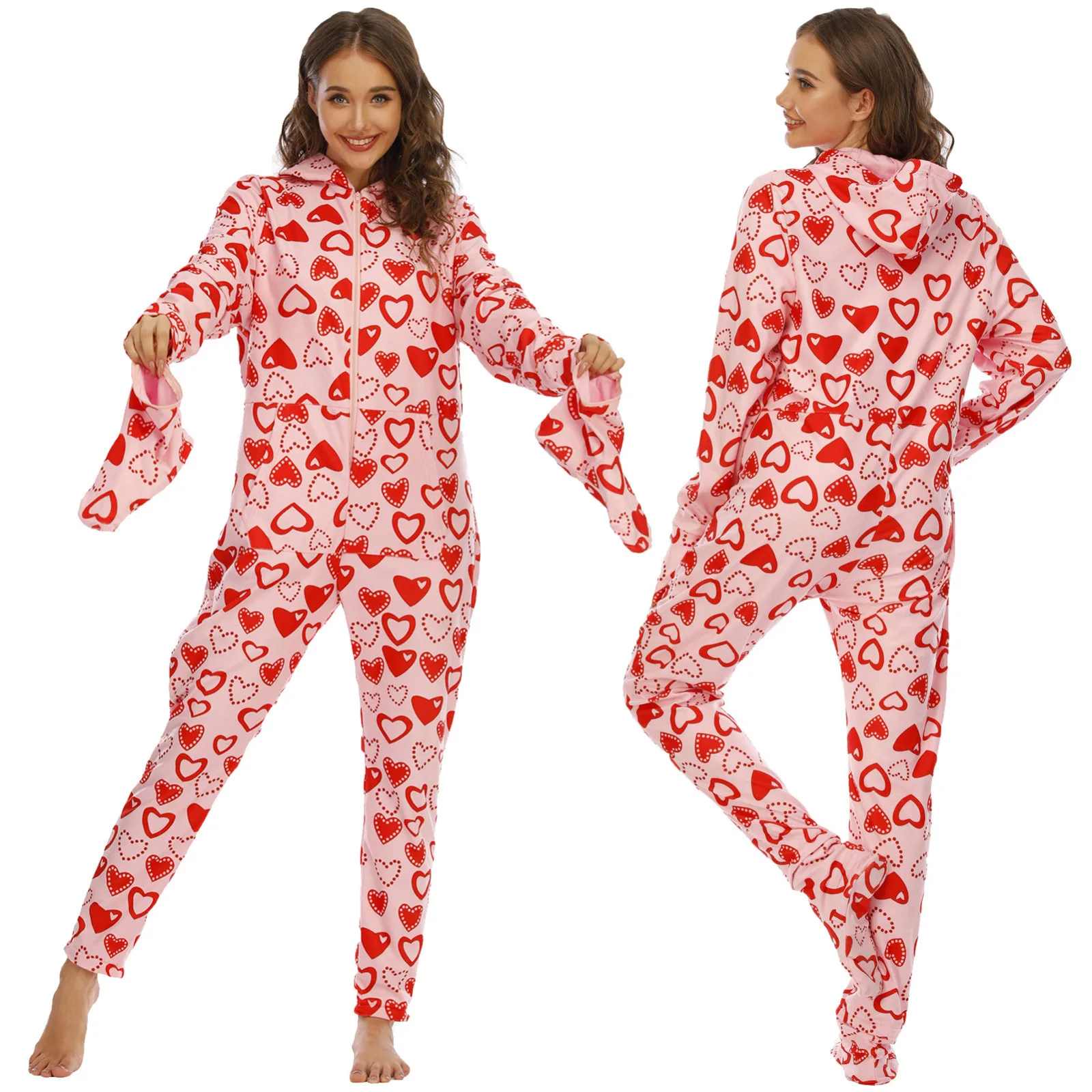 

Christmas Long Sleeve Zip Up Bodysuit Pajamas Love Heart Print Onesie Hooded Jumpsuit Winter Adults Nightwear Female Sleepwear