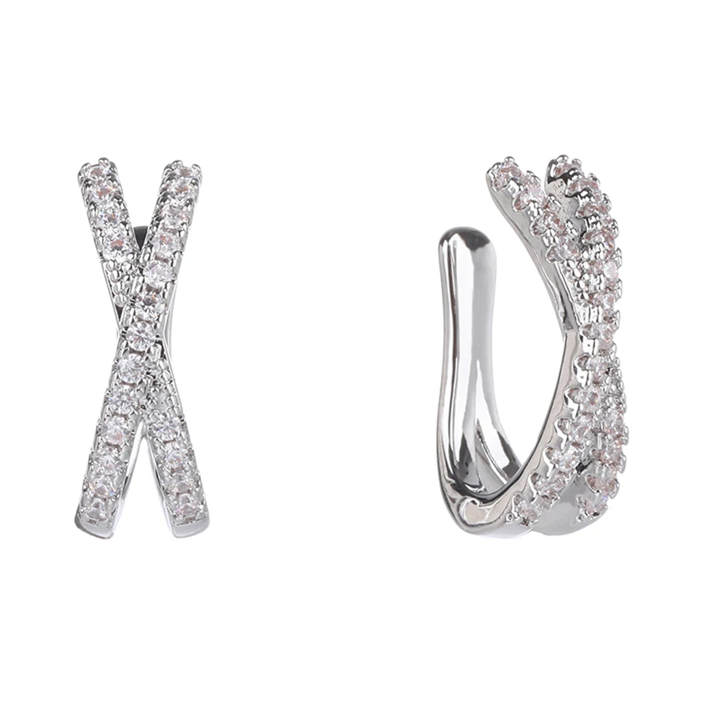 Poulisa Cross Cuff Stud Earrings for Women 925 Sterling Silver Micro Pave Zircon Non Pierced Cartilage Clip CZ Earring on Ear
