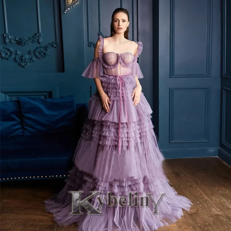 

Kybeliny Purple Tulle Tiered Bow Evening Dresses LaceUp Prom Robe De Soiree Graduation Celebrity Vestidos Fiesta Women Formal