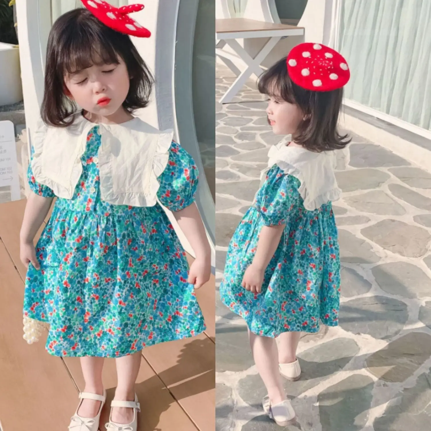

Children's Clothing Dress for Girls Big Turn Down Collar Short Sleeve Girls Dress Summer Floral Dresses 3-8 Years Children F52