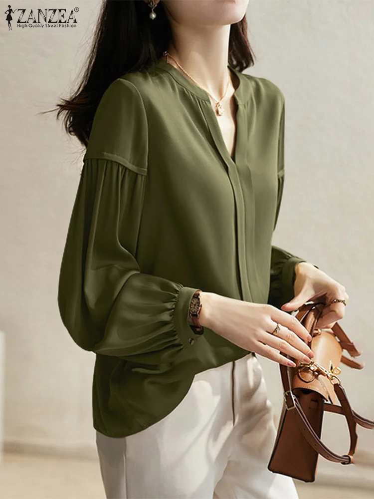 

2023 ZANZEA Female Solid Color Long Sleeve Tops Spring Office OL Chemise Fashion Women's Blouse Mujer Ladies Elegant Casual Tops