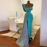 sexy mint blue crystal formal evening dress mermaid high side split glitter prom dresses vestido fiesta verano invitada boda