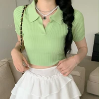 knit lapel crop top short sleeve t shirt striped vintage woman sexy skinny cute solid color college tshirt summer korean version