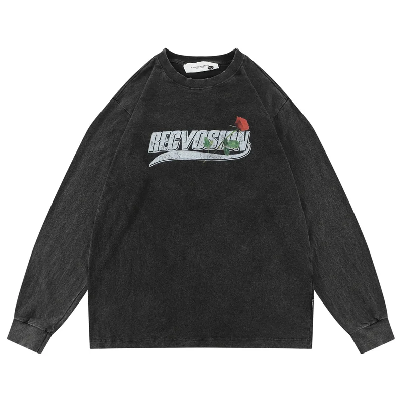 

2022 Hip Hop T Shirt Gothic Streetwear Letter Rose Printed Vintage Washed T-shirts Harajuku Fashion Oversized Long Sleeve Tops