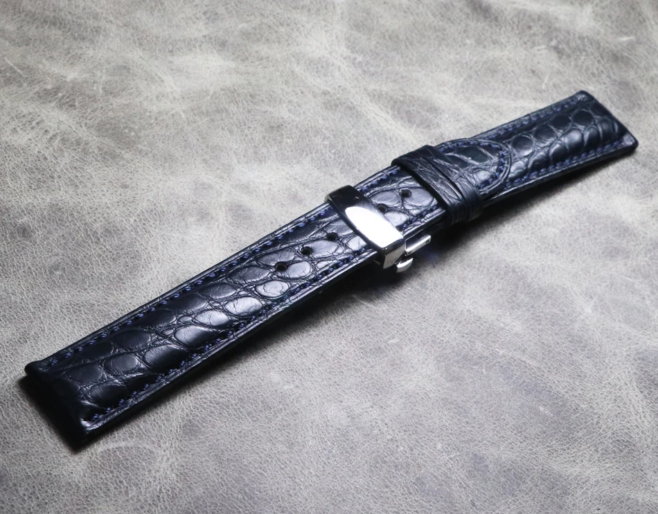 New Watch band dark blue 20mm 21mm 22mm crocodile leather butterfly buckle strap calfskin bottom bracelet vintage wristband