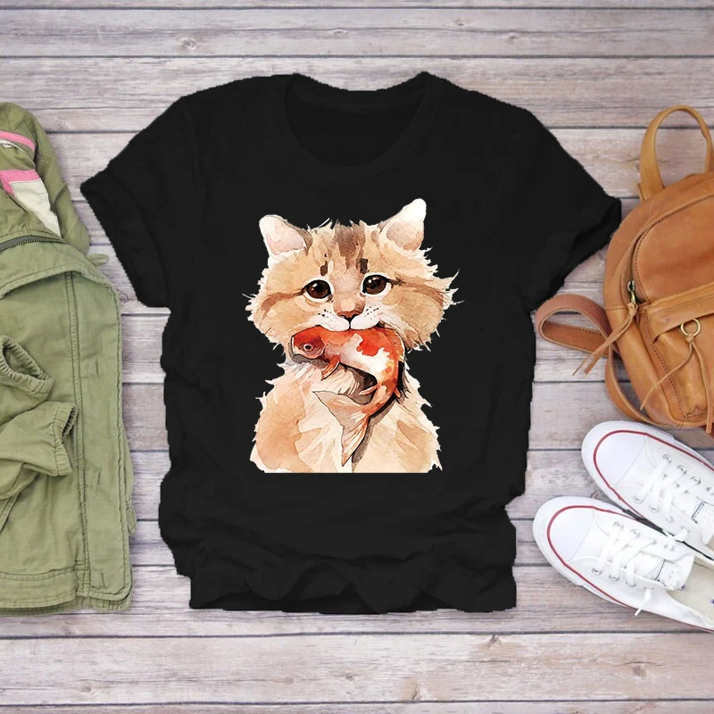 

New Cartoons T-Shirt Women Lovely Cat Kawaii Tshirt Casual Clothes T Shirts for Ladies Harajuku Aesthetic Tops Tee femme T shirt