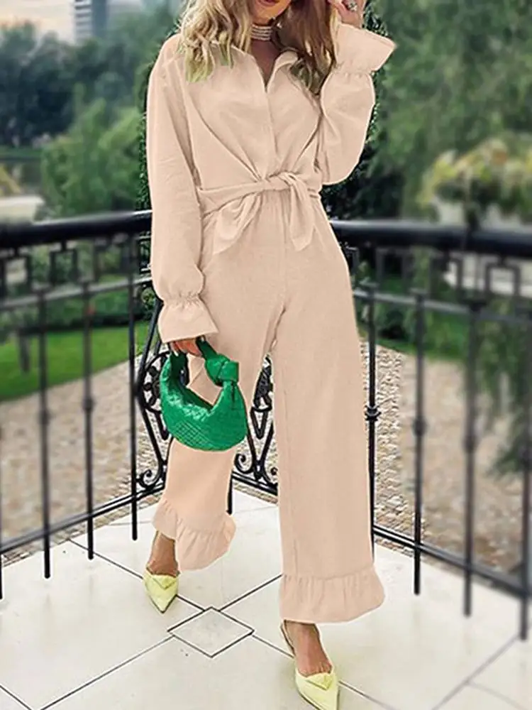 

ZANZEA Long Sleeve Tops and Elastic Waist Long Pants Stylish Woman Autumn Solid Blouses Female Solid Top Oversize Sets 2PCS 2022