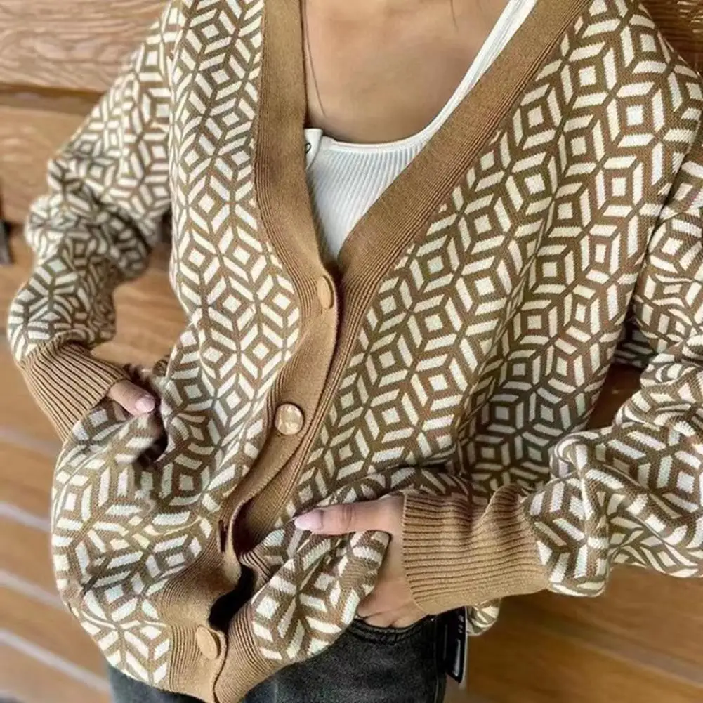 

Women Cardigan Sweater V-Neck Long Sleeve Loose Fit Ribbed Trim Knitted Autumn Winter Jacquard Print Buttons Coat Outerwear