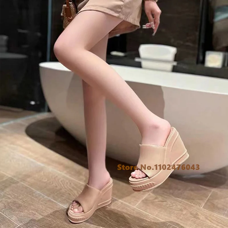 Thick Sole High Heel Women's Slippers White Round Toe Wedge Heel Holiday Beach Shoes Summer New Shallow Outside Slippers