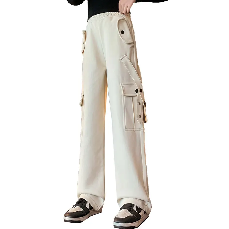 

Прямые брюки-карго для девочек, большие карманы, повседневные спортивные тренировочные брюки, брюки для бега, спортивные брюки с высокой талией для детей