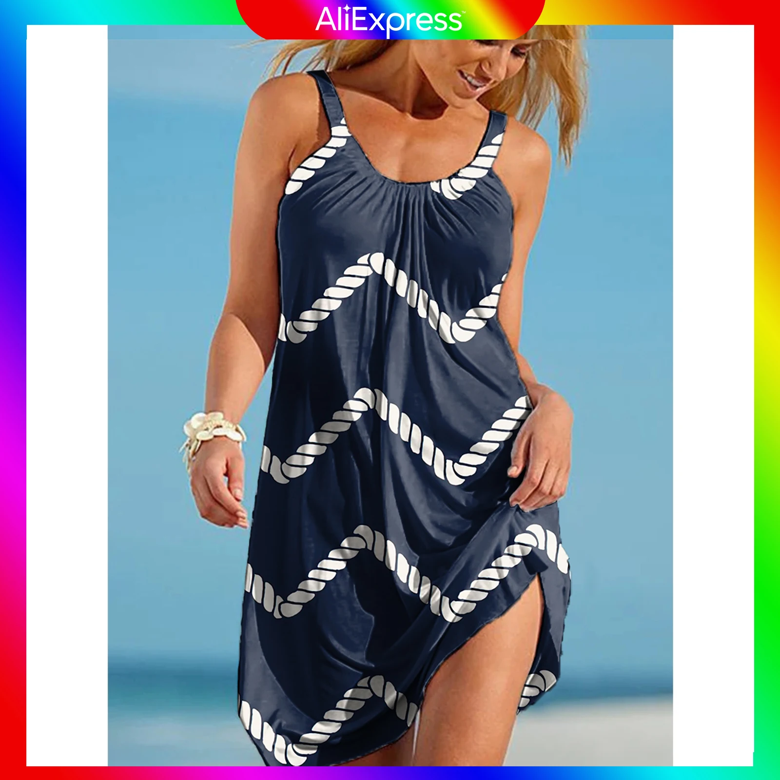 

Hot Summer Light grey Ladies Sexy Beach Dress Tie Dye Rainbow Suspender Funny Cartoon Anime Beachwear Fashion Party Dress