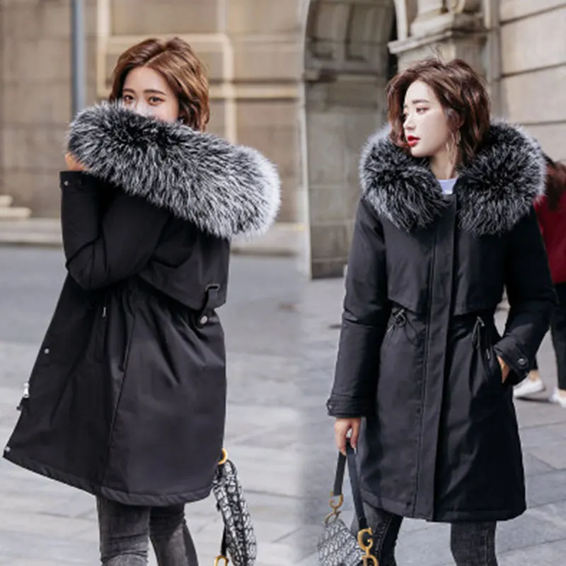 Wool Liner Parkas New Female Plus Size M-6XL Fur Solid Cotton Coat Women Winter Warm Mid-Long Jackets Hooded Parka Thick Jacket