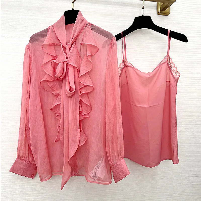 

Summer Runway Women Pink Silk Blouse Elegant Edible Tree Fungus Long Sleeve Bow Neck Shirt Fashion High Quality Loose Office Top