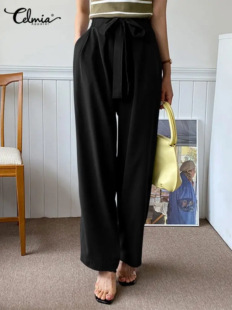 

Celmia Women Casual Long Trousers Pocket 2022 Korean Style Commuting Elegant Lady Straight Pant High Waist Bandage Waisted Pants