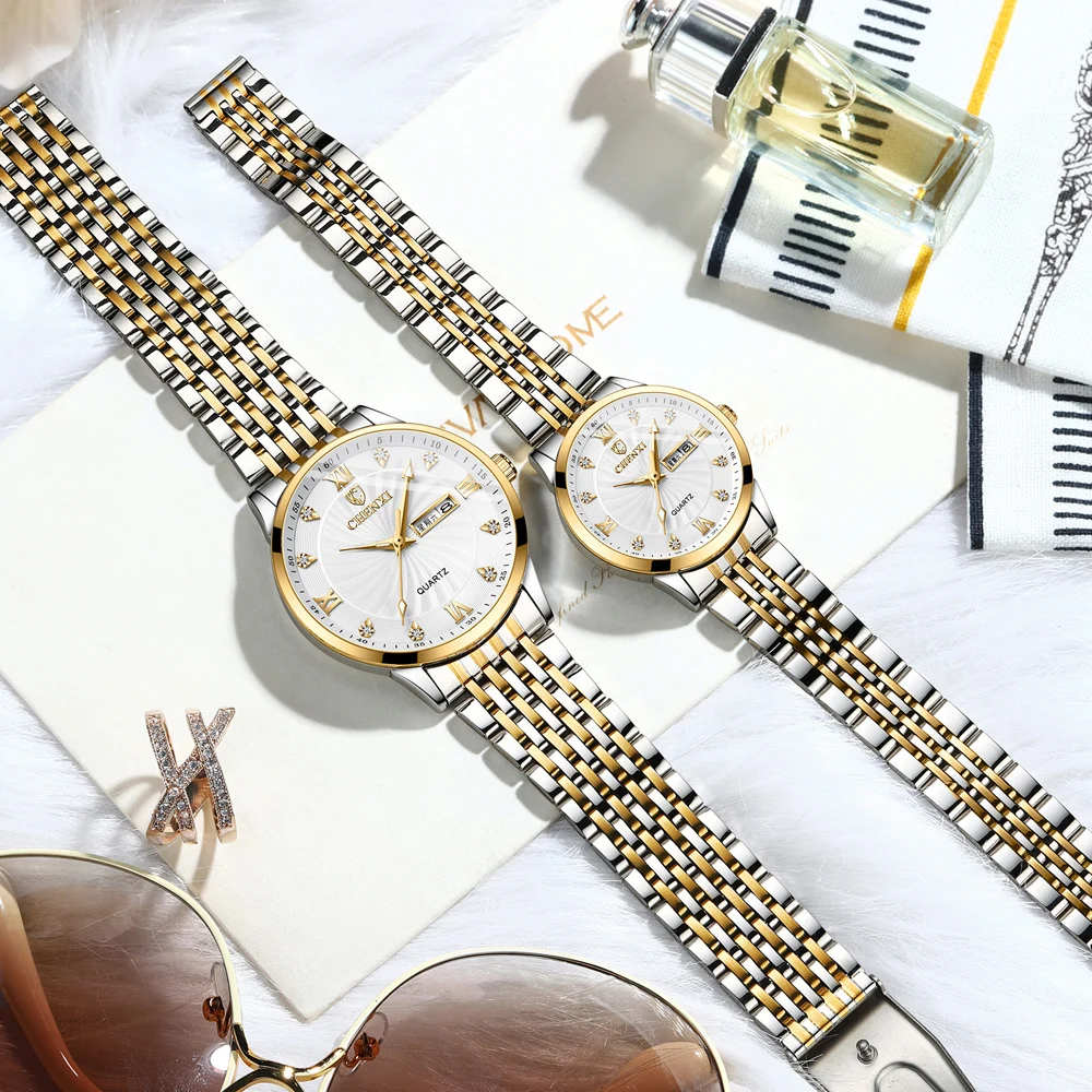 New Couple Watch CHENXI Stainless Steel Watch For Men Business Waterproof Watches Women With Week Calendar His Hers Watch Sets