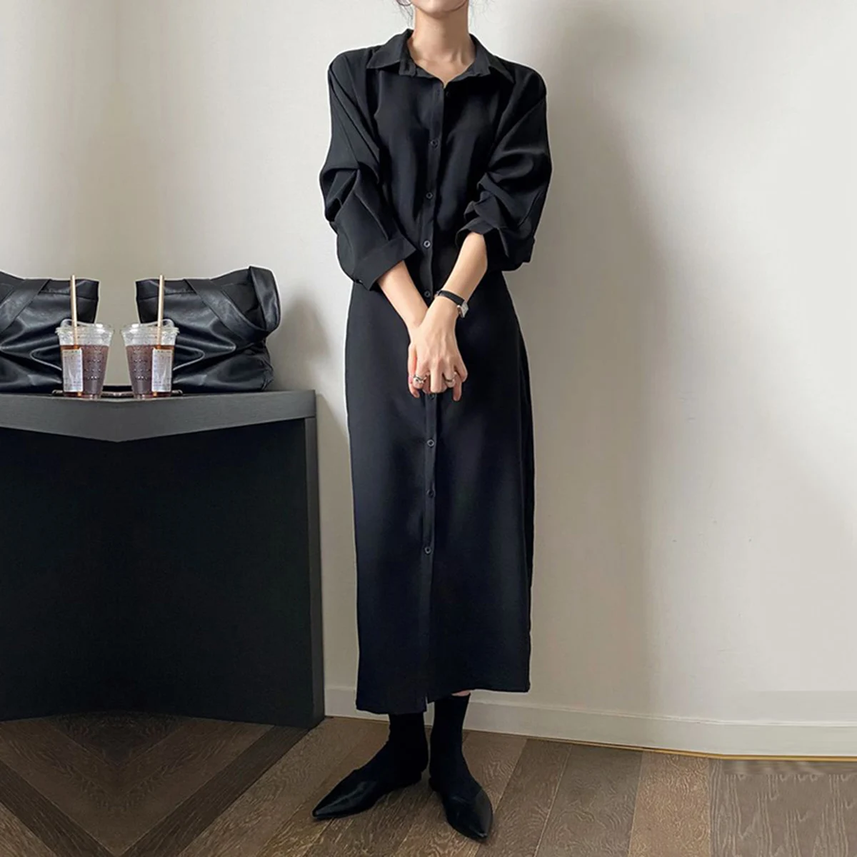 

Oshoplive 2022 Spring and Summer Female Fashion Original Casual Solid Color Lapel Puff Long Sleeve Fitness Shirt Dress