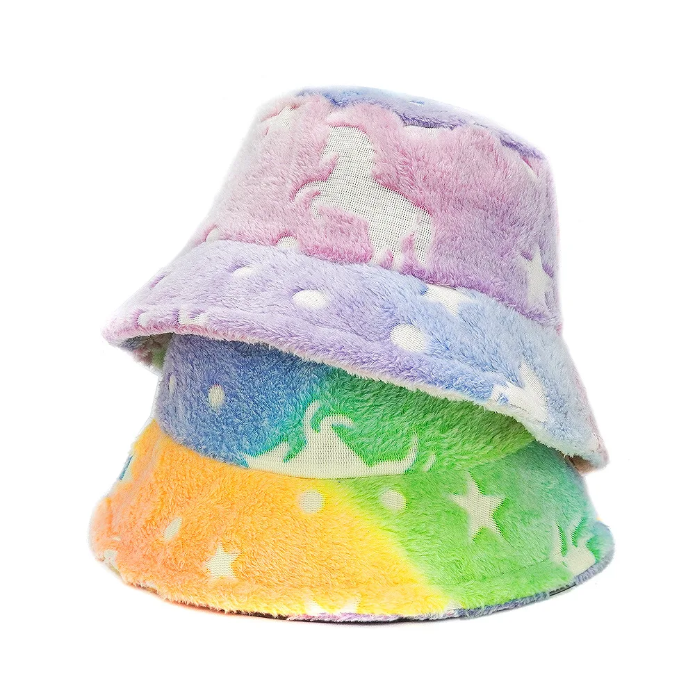 

Autumn Winter Warm Star and Moon Print Plush Color Bucket Hat for Women Men Outdoor Hiking Beach Fishing Bob Caps