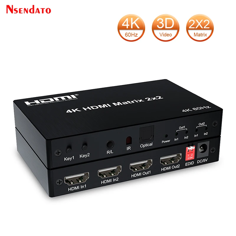 

Матричный коммутатор 2x2 HDMI, 4K 60 Гц, 2 в 2 выхода, HDMI переключатель, разветвитель, преобразователь с оптическим EDID для Dolby PC PS4 на ТВ монитор