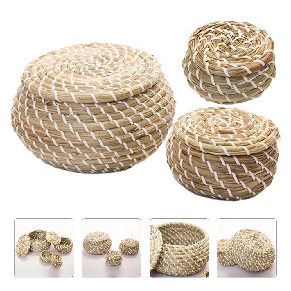 

1 Set Straw Hand Woven Storage Baskets Wicker Baskets with Lid (Assorted Color)