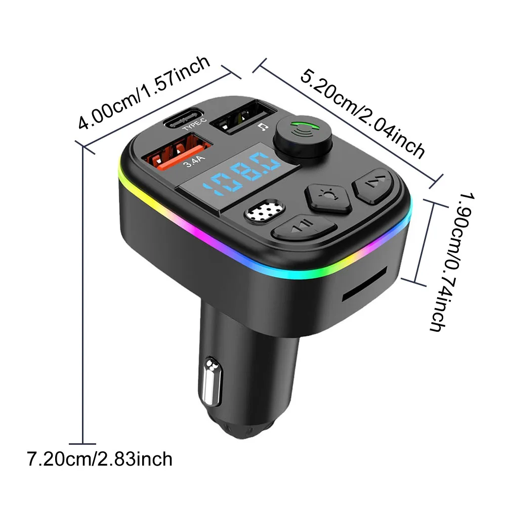 Type-C Wireless Light MP3 Charger PD Dual USB Ambient Player Handsfree QC3.0 5.0 Car FM Transmitter Bluetooth