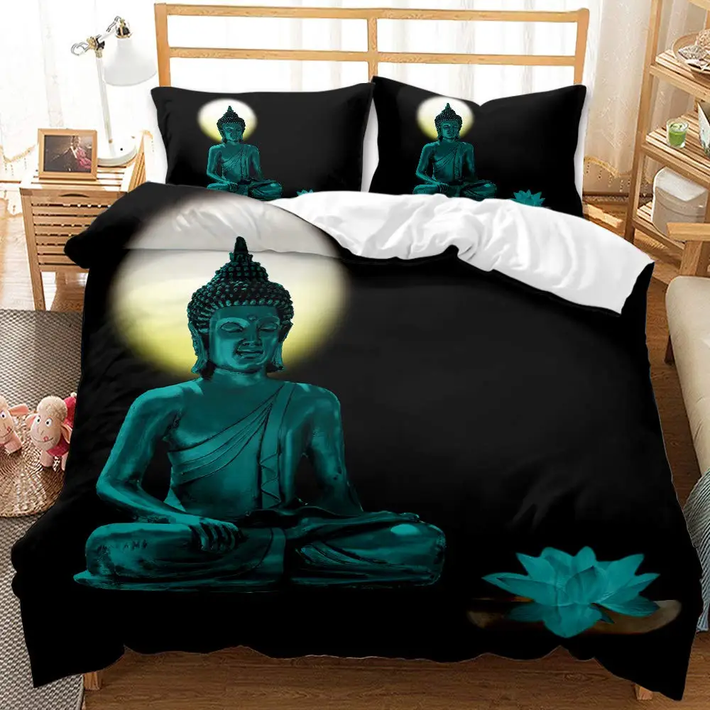 

Buddha Duvet Cover Set Microfiber Exotic Retro Style Comforter Cover King Size Golden Mandala Asian Culture Theme Bedding Set