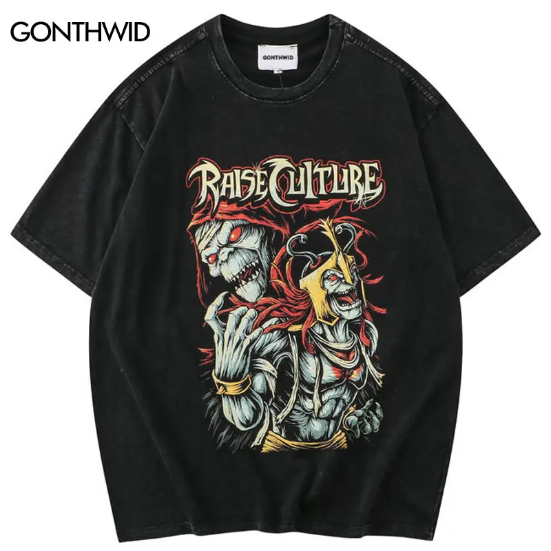 

Men Punk Streetwear Tshirt Vintage Zombie Devil Skull Warrior Graphic Print Gothic Washed T Shirt 2023 Hip Hop Fashion Loose Top