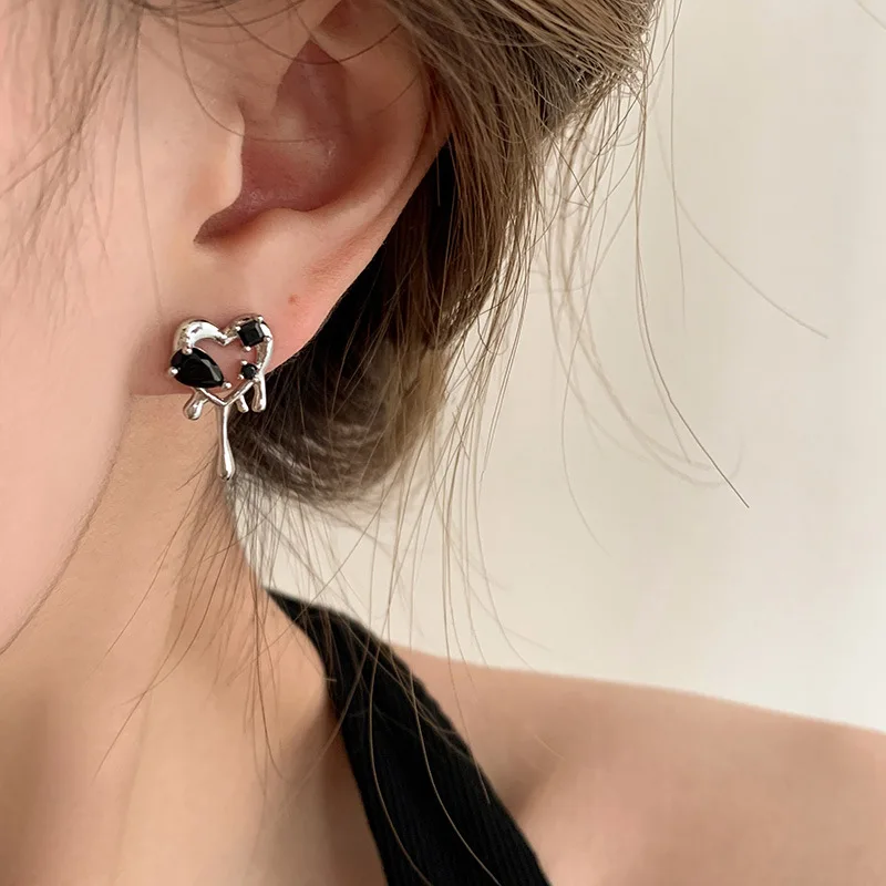 

LIVVY Silver Color INS Fashion Creative Black Zircon LOVE Heart Tassel Stud Earrings for Women Wedding Bride Jewelry Gift