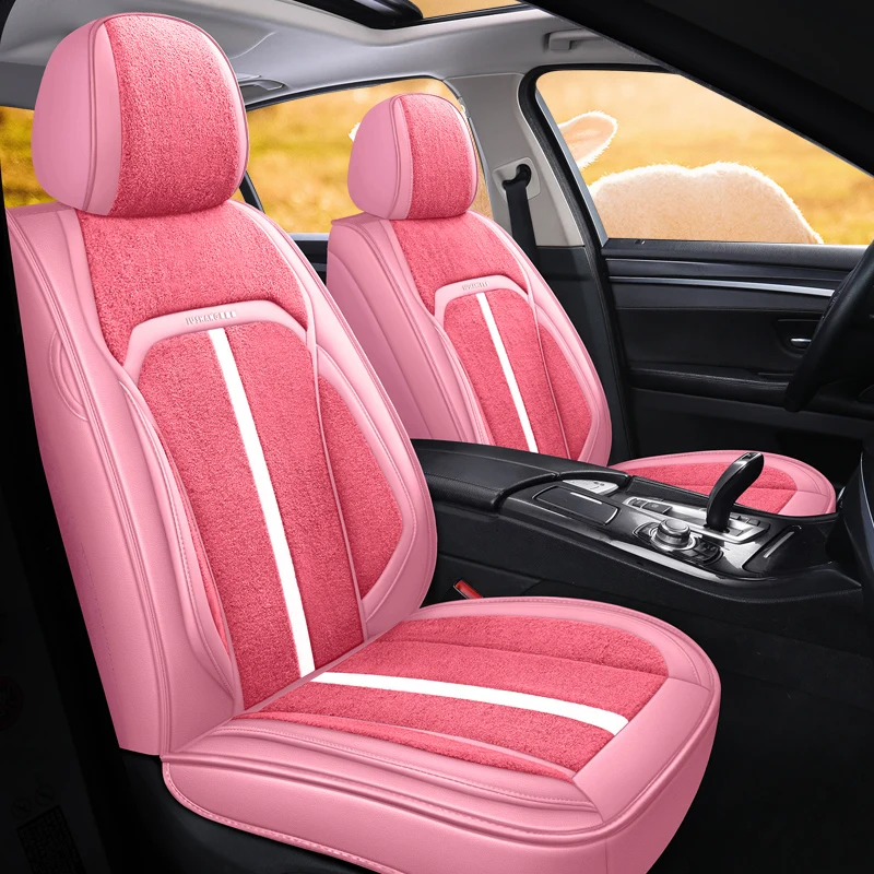 

Winter Plush Universal Car Seat Covers For Sedan SUV Durable Faux Fur Five Seats Mats Design Thick Warm Seat cover Cushion Pink
