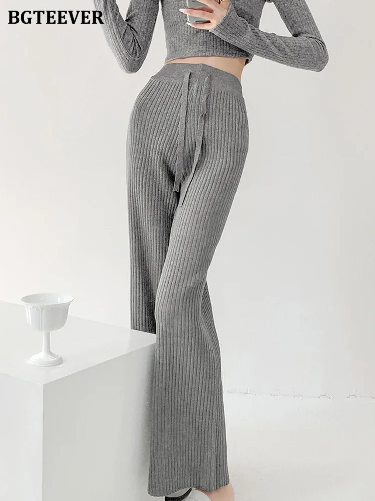 

BGTEEVER Casual Elastic Waist Knitted Trouser Women Autumn Winter Loose Wide Leg Pants Female Sweater Trousers