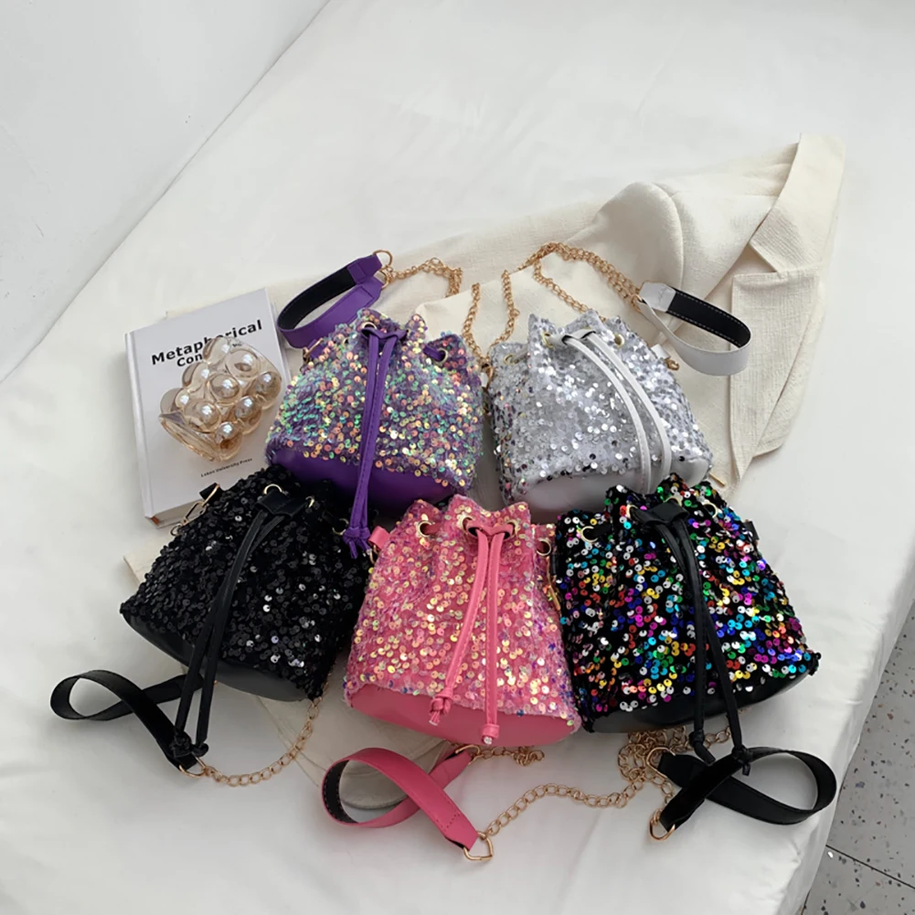 

Женская модная однотонная сумка через плечо, креативные повседневные дамские сумочки через плечо с кулиской, миниатюрный кошелек с блестка...