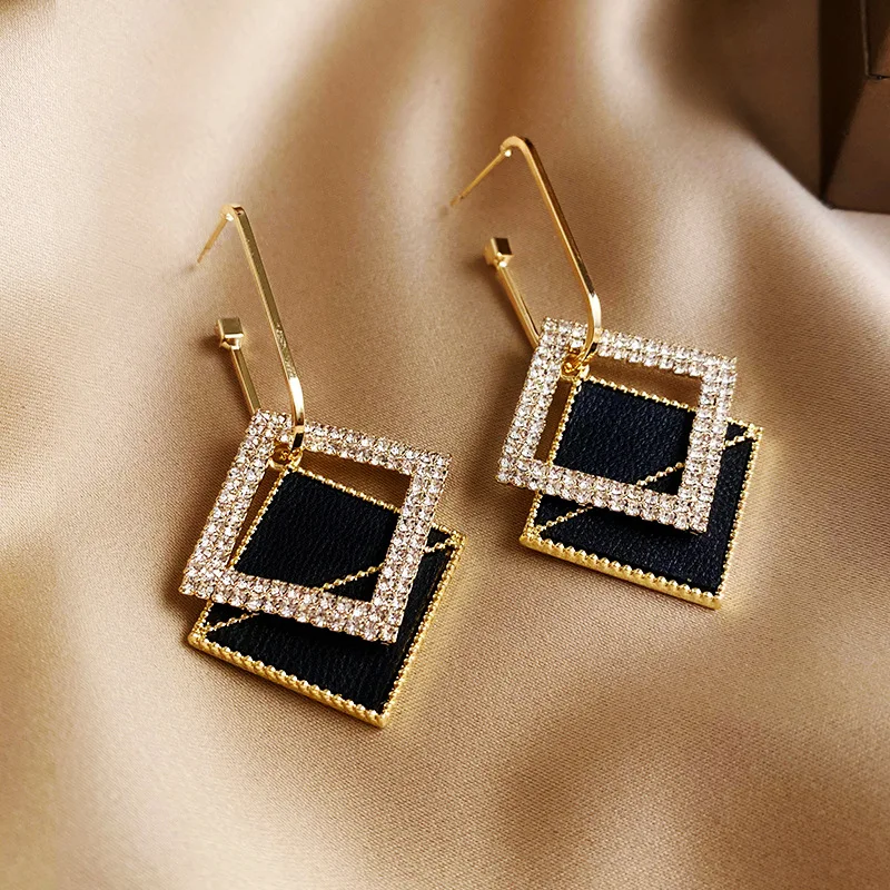 

Luxury Fashion Black Earrings Jewelry for Women Geometric Double Square Hoop Statement Rhinestone Earring Pendientes