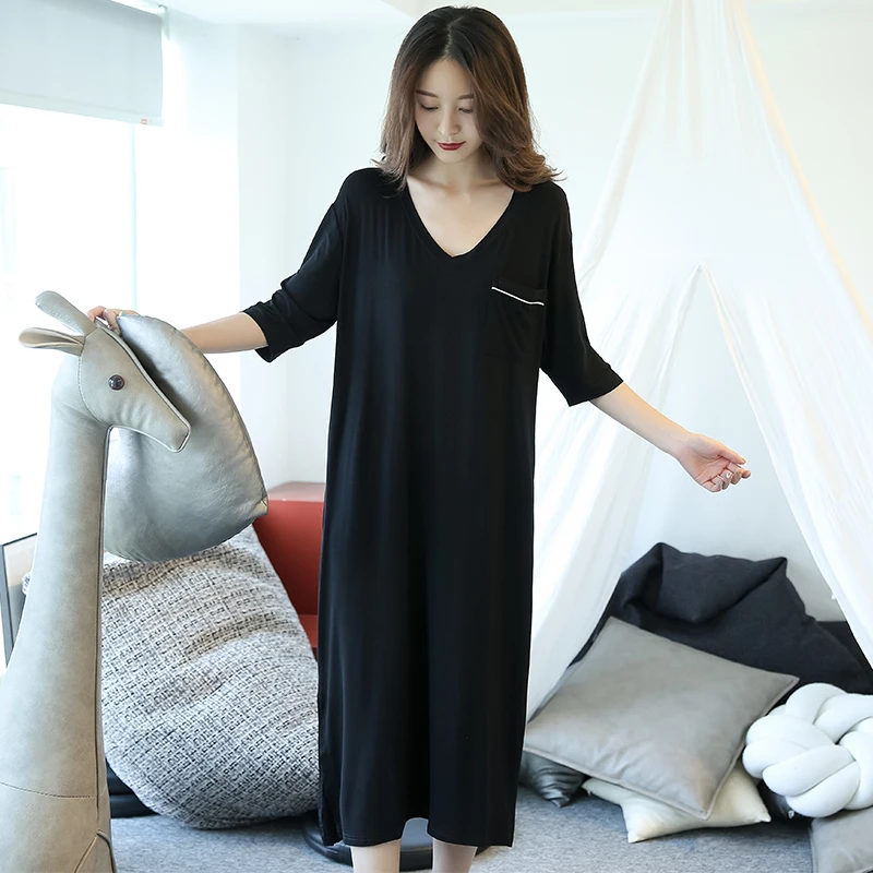 Sexy Pajamas For Women For Spring/Summer, Mid-Sleeve Modal Nightdress, V-Neck Thin Oversized Loungewear Can Be Worn Outside