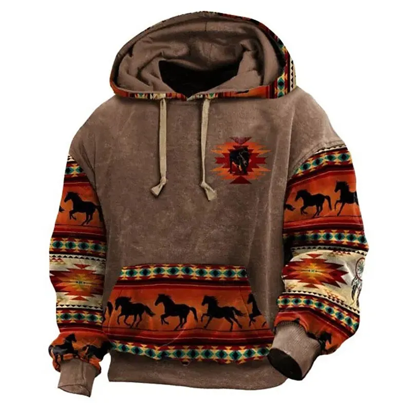 

North America Demon Wendigo Print Men's Hoodie Western Cowboy Hooded Sweatshirt Oversized Harajuku Clothes Vintage Streetwear