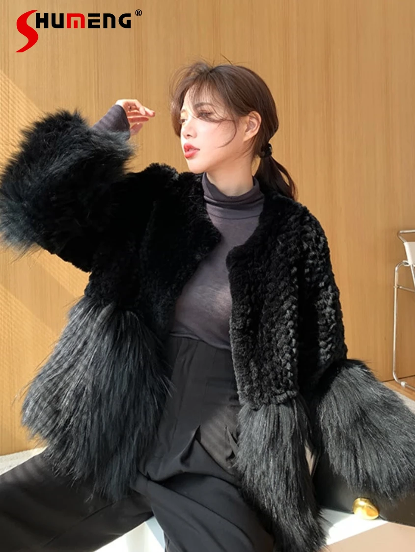 Faux Rabbit Fur Stitching Woven Furry Coat Women 2022 Winter Clothes Korean Style Long Sleeve Loose Thick Warm Faxu Fur Overcoat
