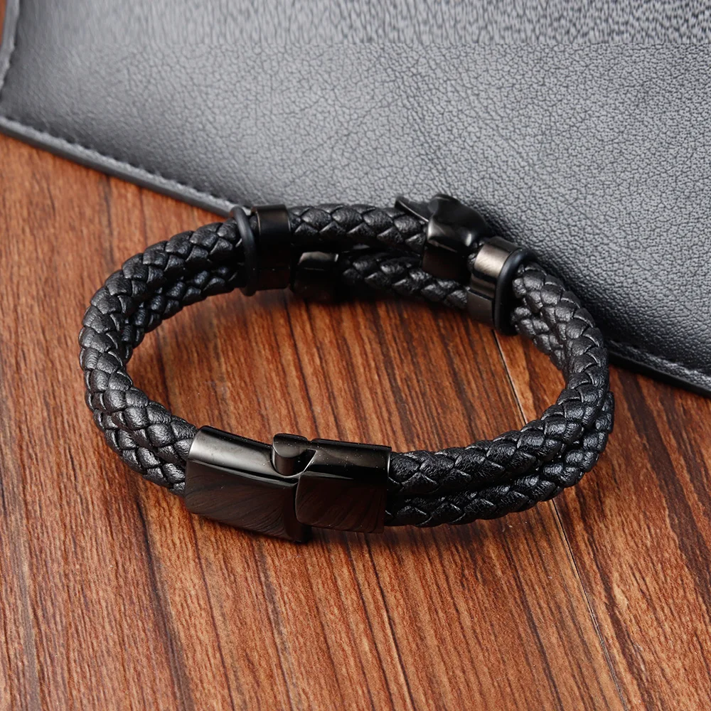 Multi-layer Bracelet Punk Stainless Steel Charm Magnetic Black Men's Leather Bracelets Braided Bangles Jewelry Homme Accessories images - 6