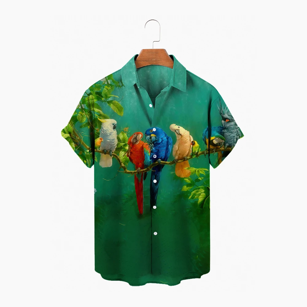 

Summer 2023 Men's Short Sleeve Hawaiian Shirt Open Collar Single Button Animal Parrot Print Fashion Beach Top