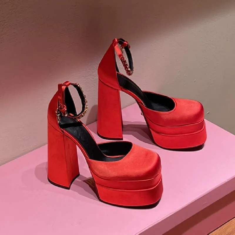 

Top Luxury Brands Slippers Porm Pumps Strap Chaussure Femme Wedding Platform Shoes Mules High Heels Satin Sapatos Femininos