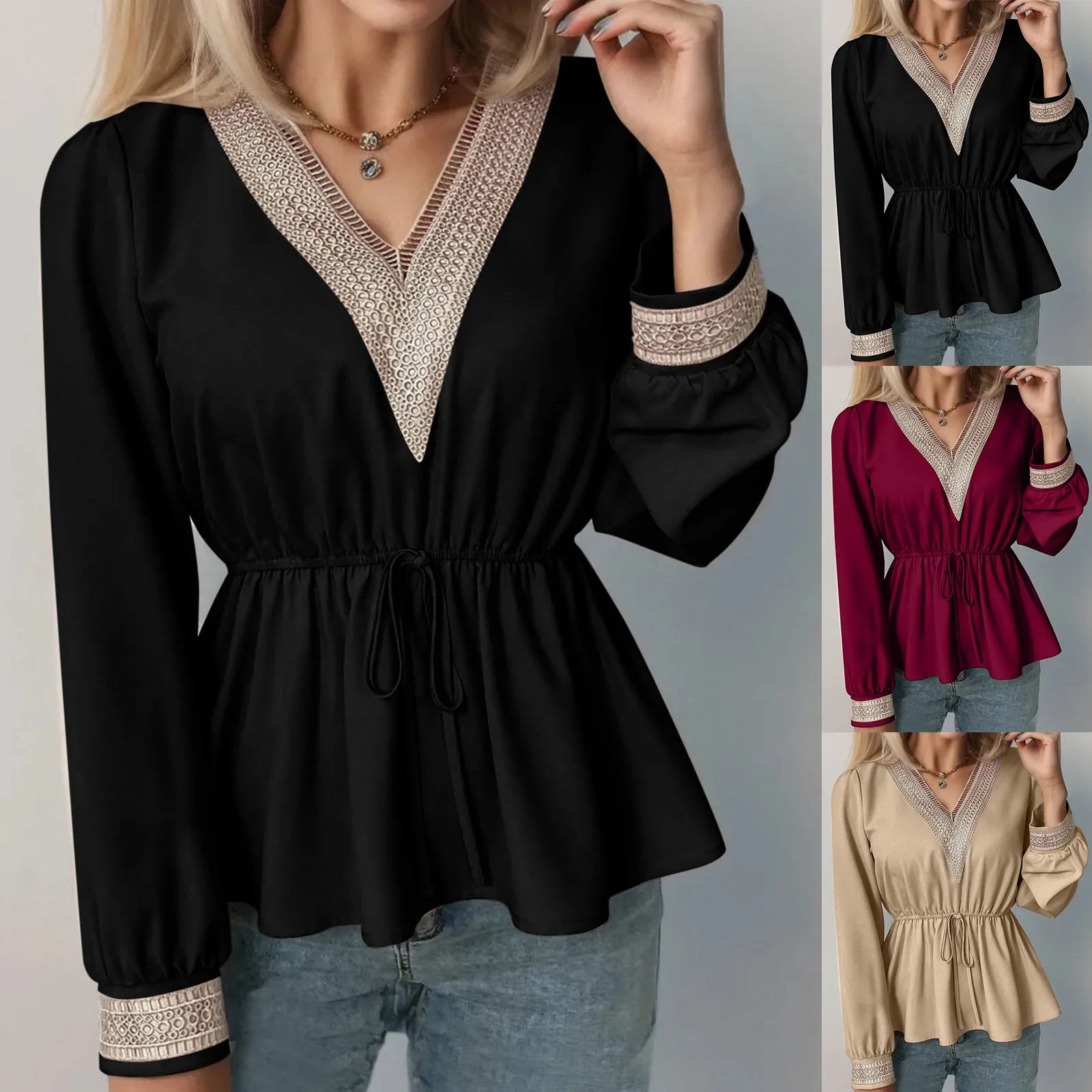 

Elegant Lace Stitch V Neck Long Sleeve Tops Women Drawstring Waist Ruched Tie Waist Peplum Work Blouse Vintage Streetwear Tops