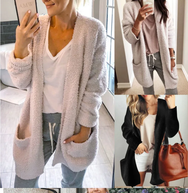 

Casual solid color medium thick double faced velvet long sleeve medium long cardigan