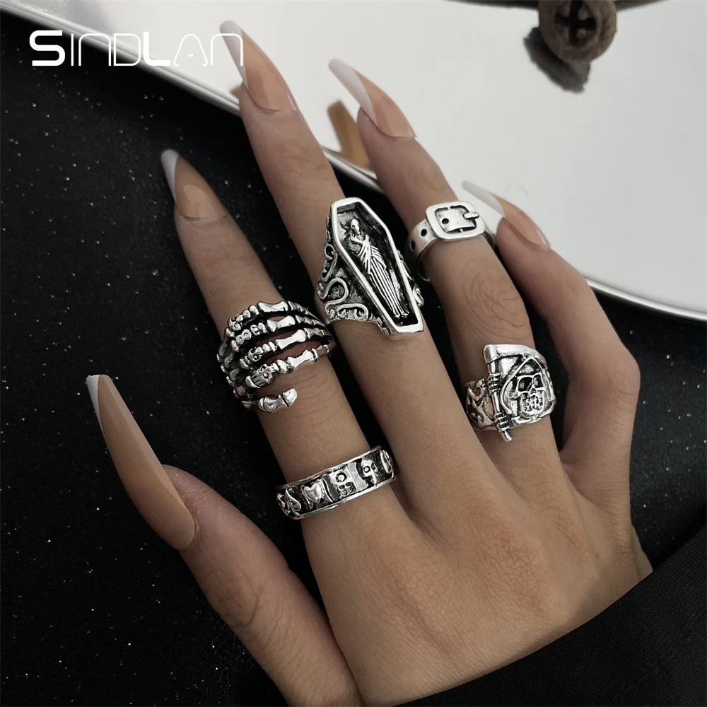 

Sindlan 5Pcs Gothic Skeleton Silver Color Rings for Women Punk Belt Zoombie Streetwear Set Couple Emo Jewelry Gift Anillos Mujer