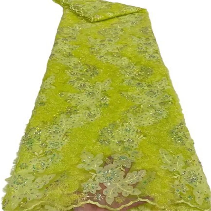 

Жёлтая африканская французская сетчатая кружевная ткань с 3D блестками 2023 Высококачественная Тюлевая сетчатая кружевная свадебная одежда ...