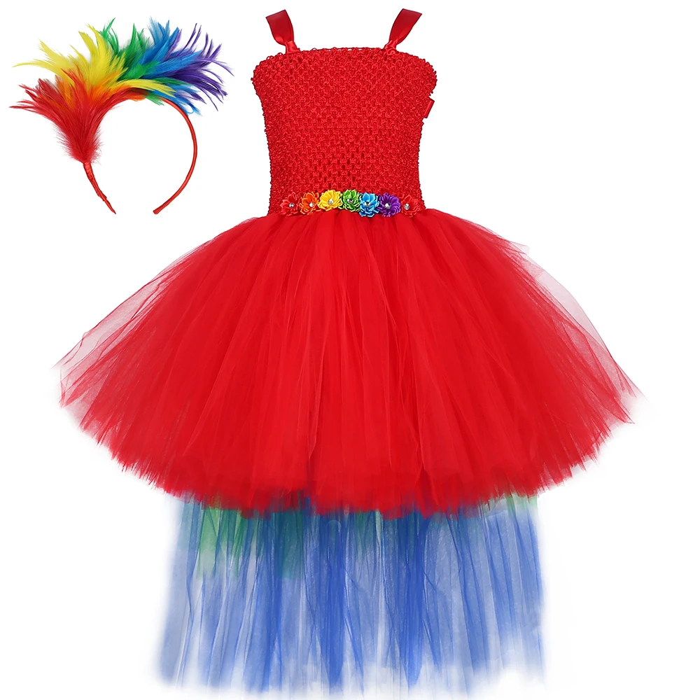 

Macaw Parrot Tutu Dress with Tail Rainbow Feathers Headband Girls Birthday Party Clothes Bird Cosplay Halloween Costume for Kids