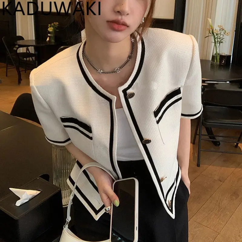 

E GIRLS Spring Summer 2023 O Neck Short Sleeve Jackets Women Loose Casual Vintage All Match Coat Korean Style Chic Outerwear Top