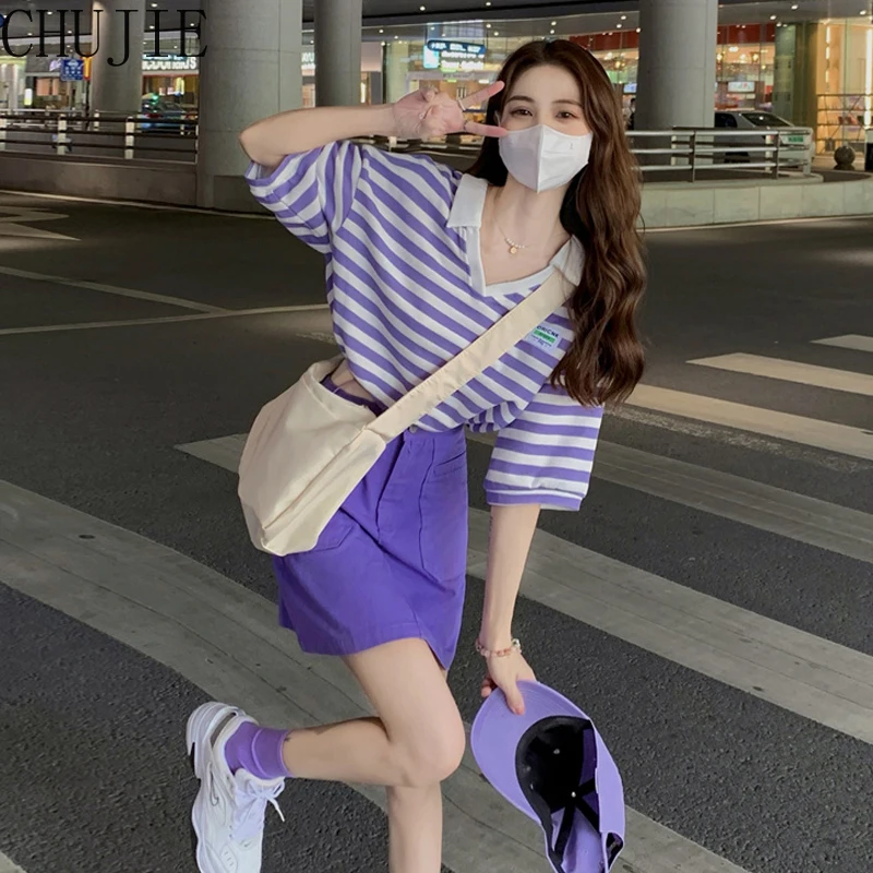 

Small V-neck Striped Shirt Women's Summer Korean Version 2022 New Design Loose Short Short Sleeved Top Ins